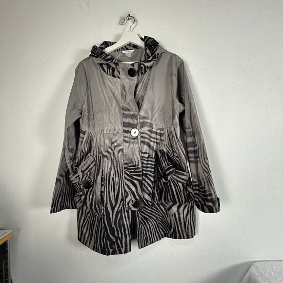 Dorman Womens Zebra Print Button Front Hooded Coat Jacket Medium Gray Pockets - Picture 1 of 11